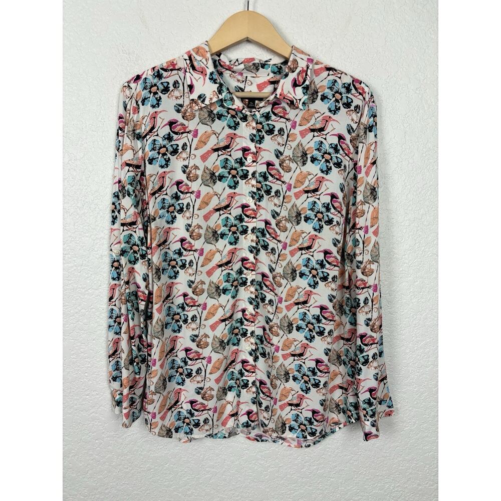 Talbots Womens Button Up Shirt Sz Petite Medium Birds Eclectic Artsy Office Work